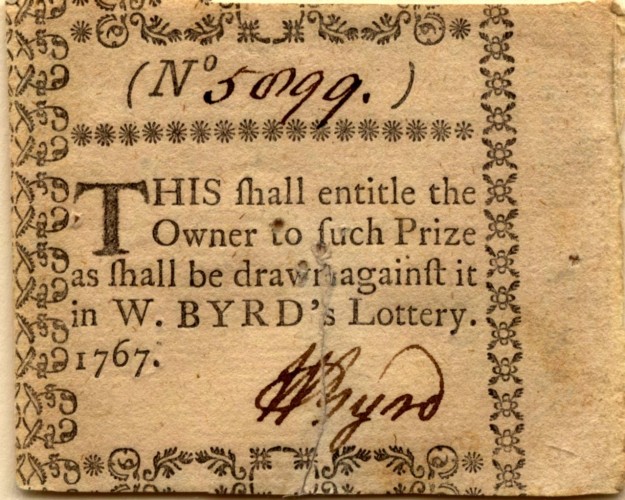 Лотерейный билет американской лотереи 1767 года
