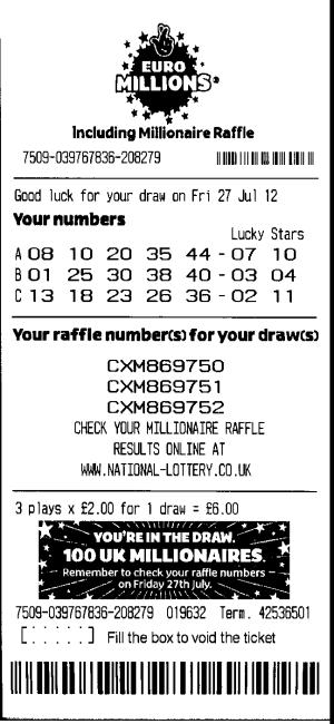 Сканированный лотерейный билет EuroMillions UK