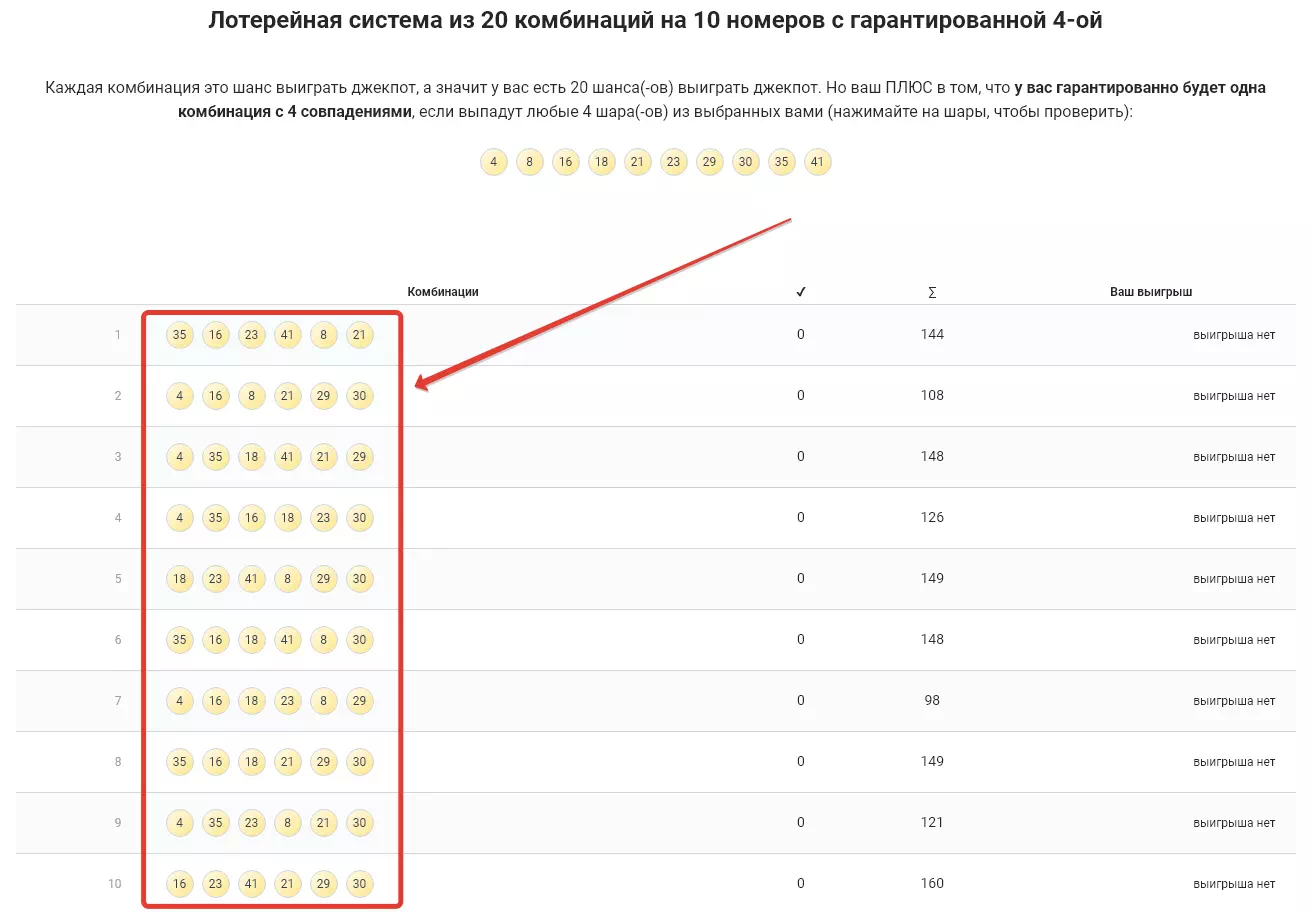 Первые 10 комбинаций составленные по неполной системе