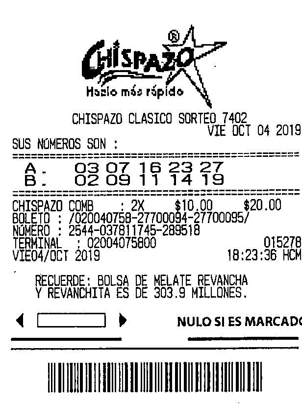 Лотерейный билет мексиканской лотереи Chispazo